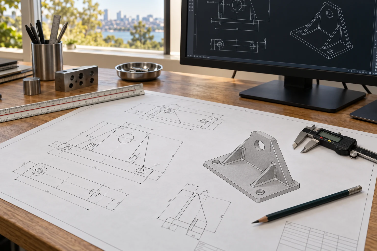 Illustrative CAD drafting desk with dimensioned drawings and measuring tools