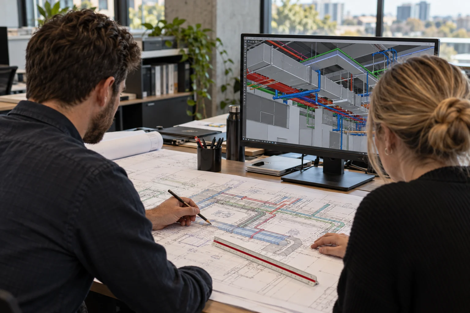 Illustrative mechanical and plumbing drawing review with printed plans and a coordinated services model
