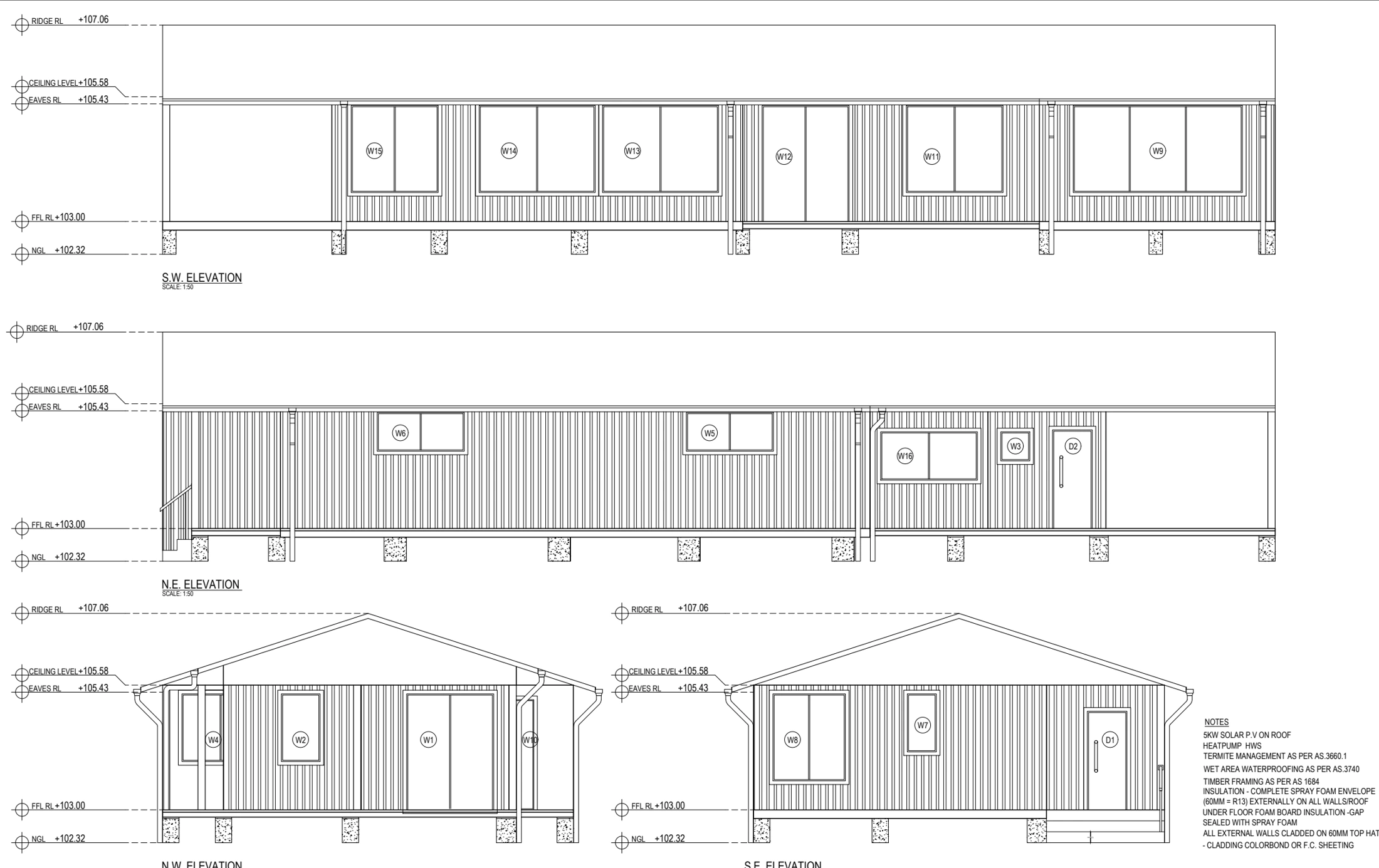Container-house exterior elevations showing roof profiles and opening positions