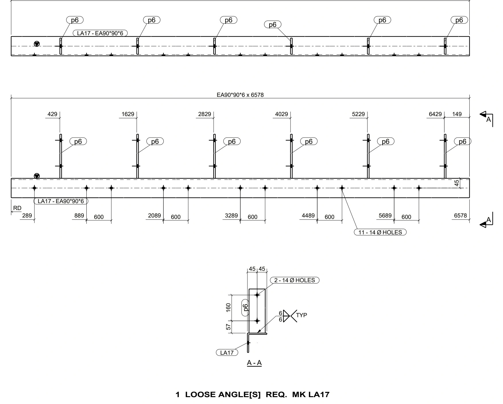 Loose-angle detailing — example 1: Angle-member dimensions, holes and section views.