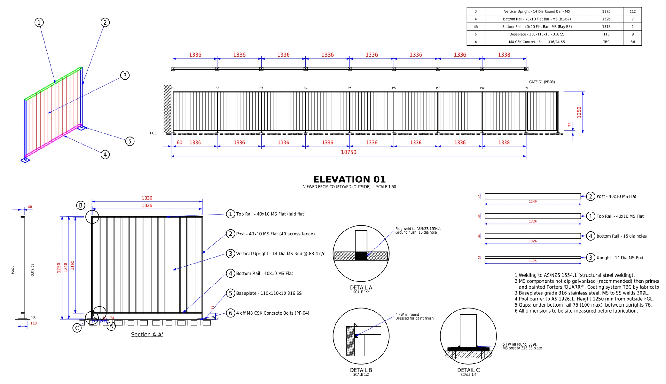 Pool-fence main rail shop drawing with elevations, component call-outs and connection details