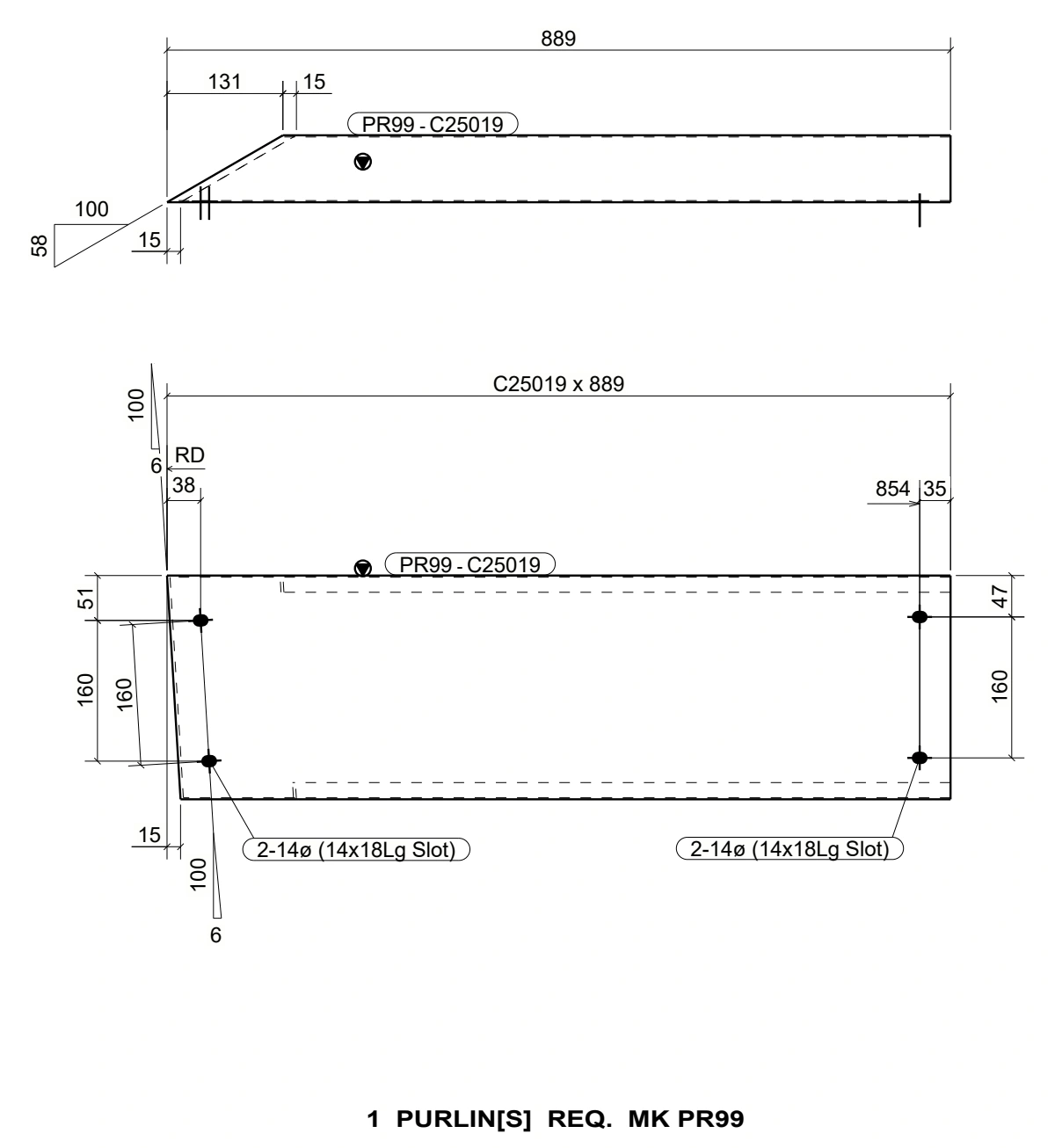 Purlin detailing: Dimensioned purlin views and fixing details.