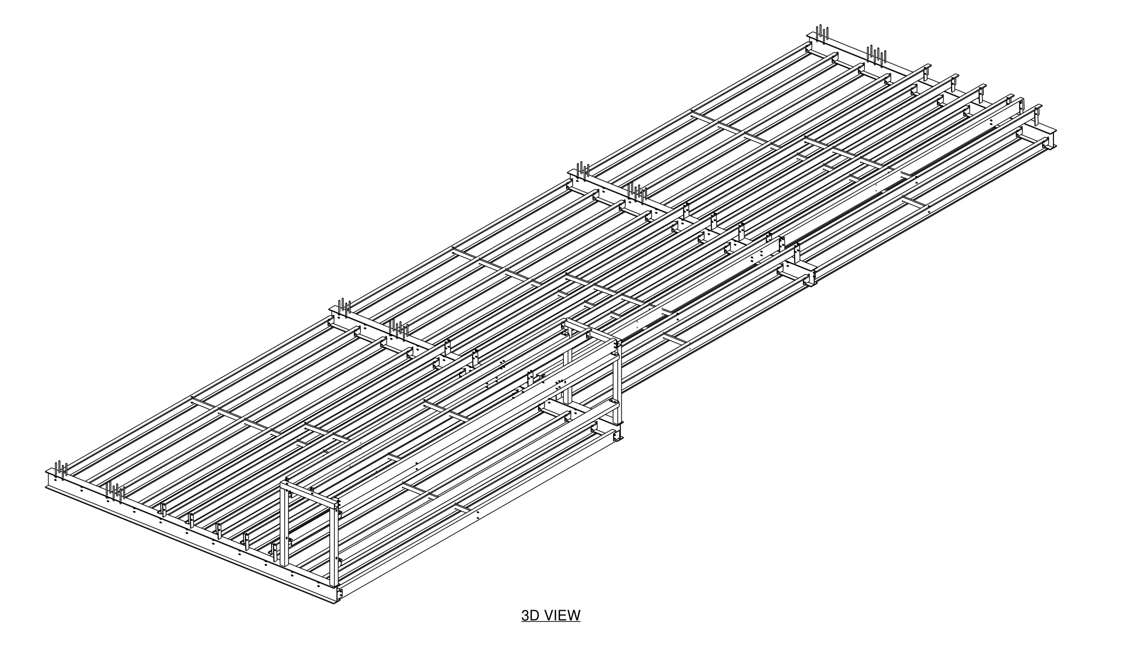 3D view of a steel awning frame with beams, purlins and bridging