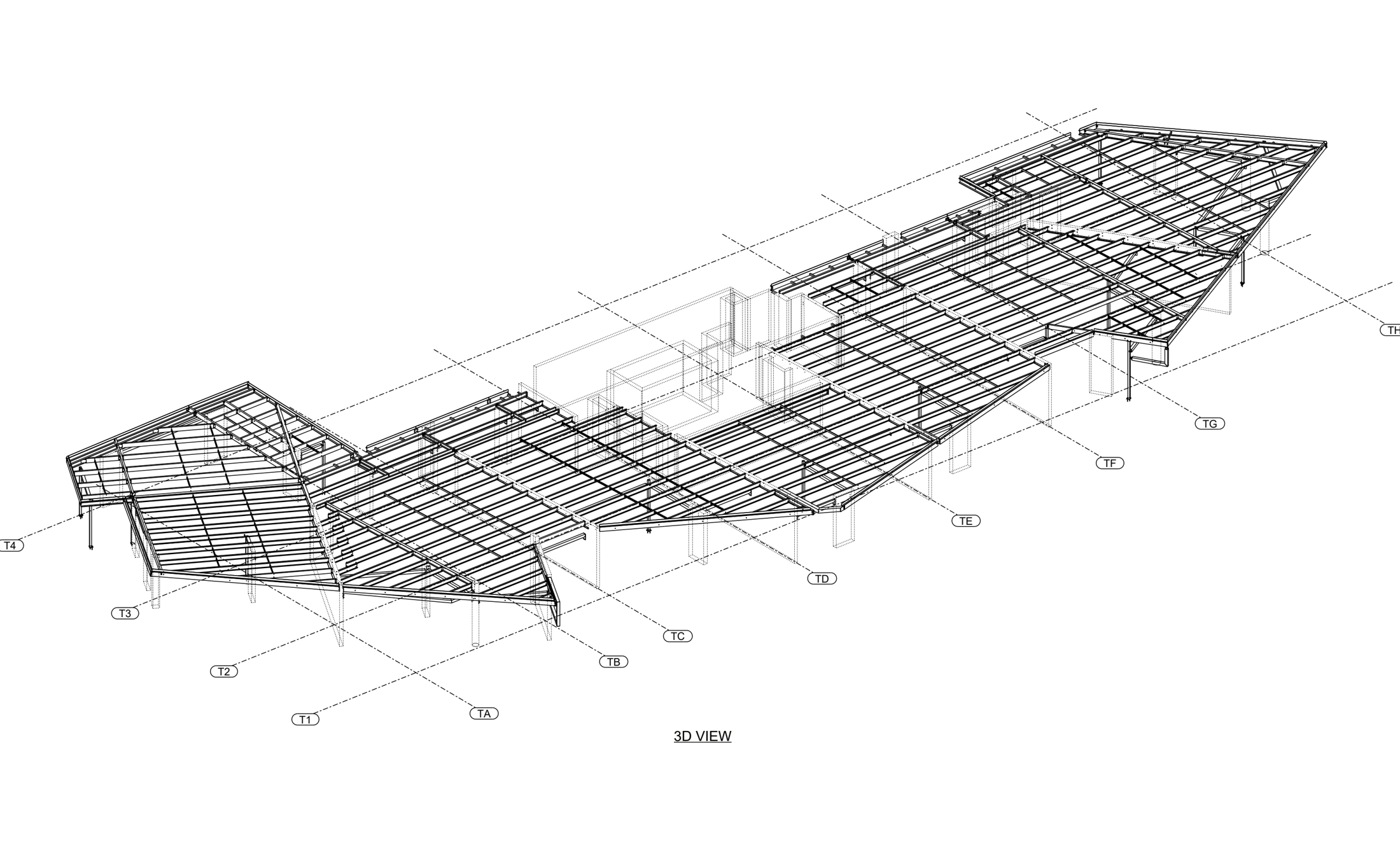 3D steel-roof arrangement showing framing and purlins