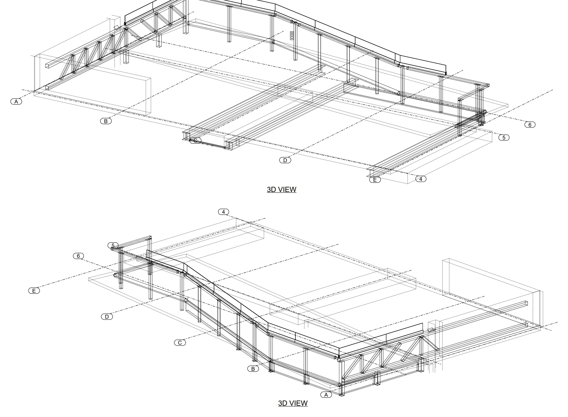 Structural assembly drawing: Two 3D views showing the arrangement of structural members.