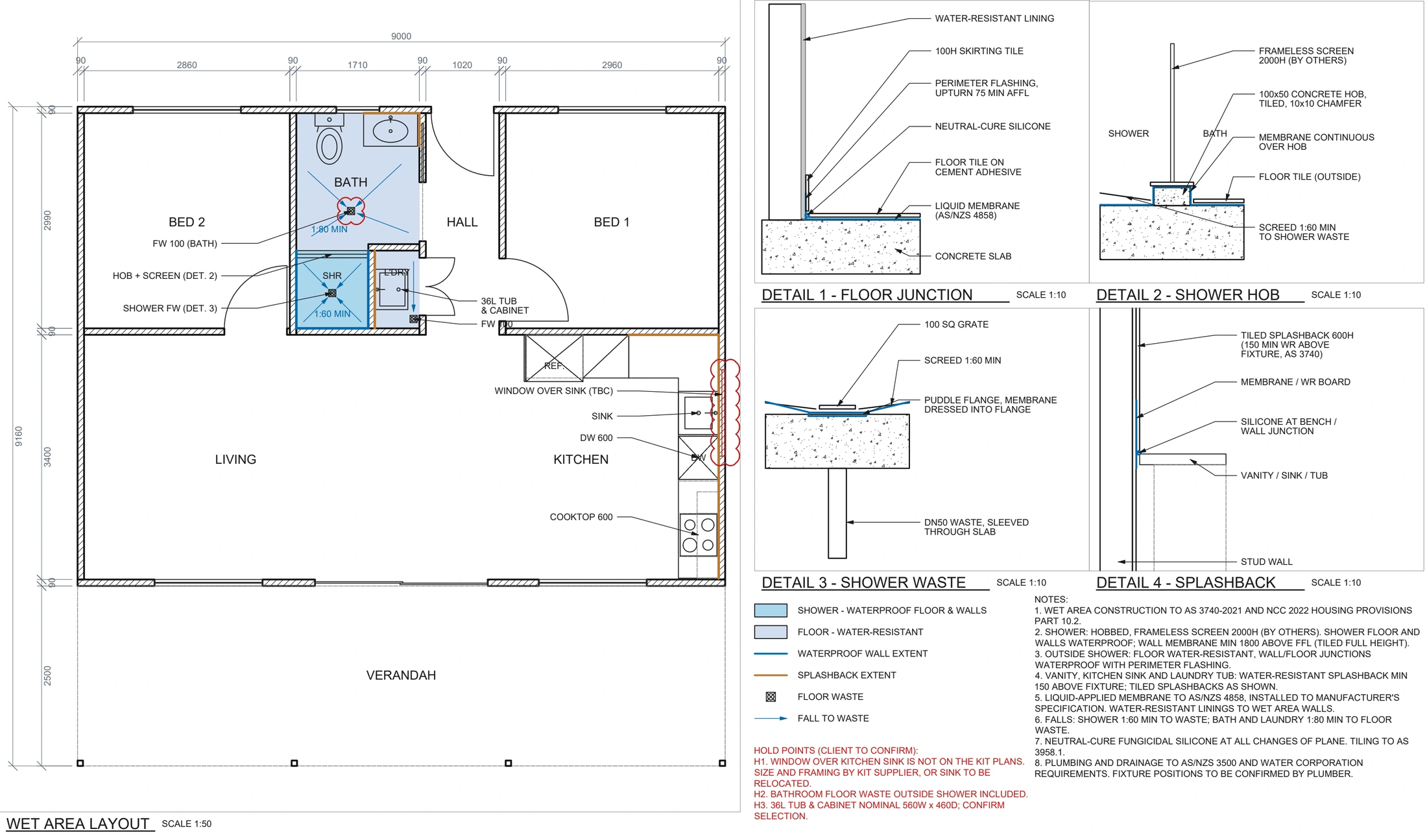 Anonymised granny-flat wet-area layout with junction and shower detail drawings