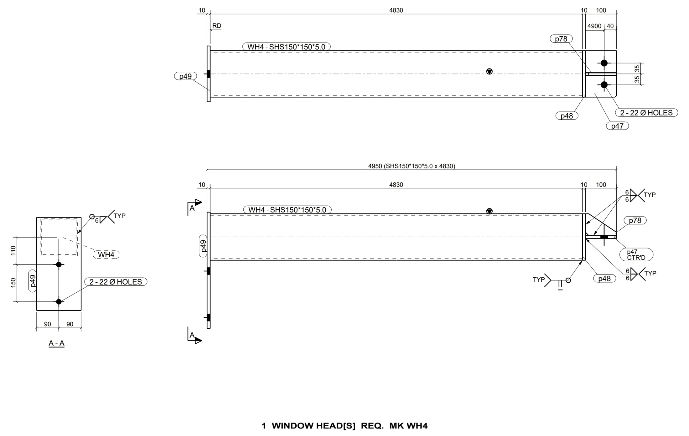 Window-head detailing — example 1: Member elevations, holes and section details.