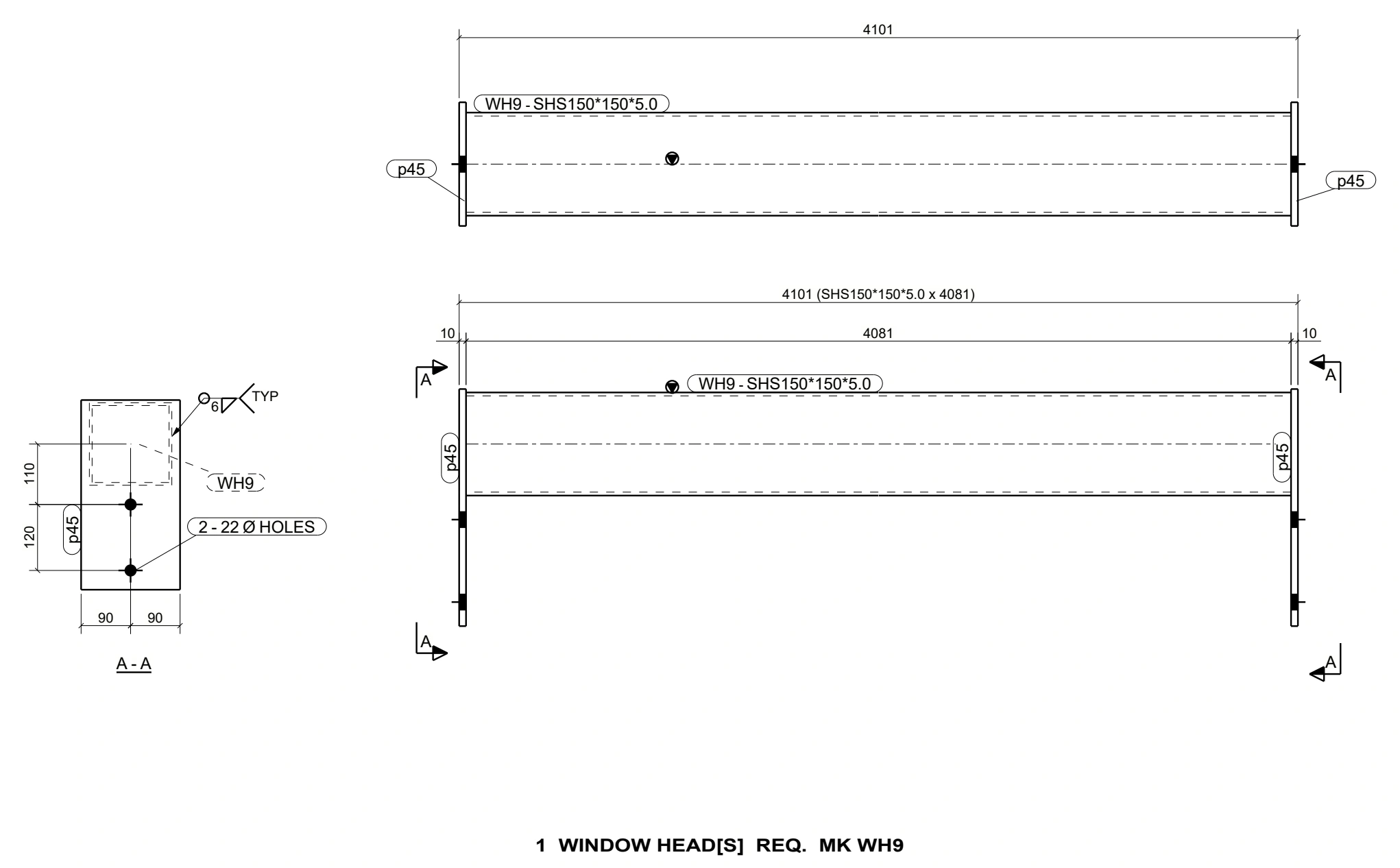 Window-head detailing — example 3: Coordinated views for a steel window-head member.