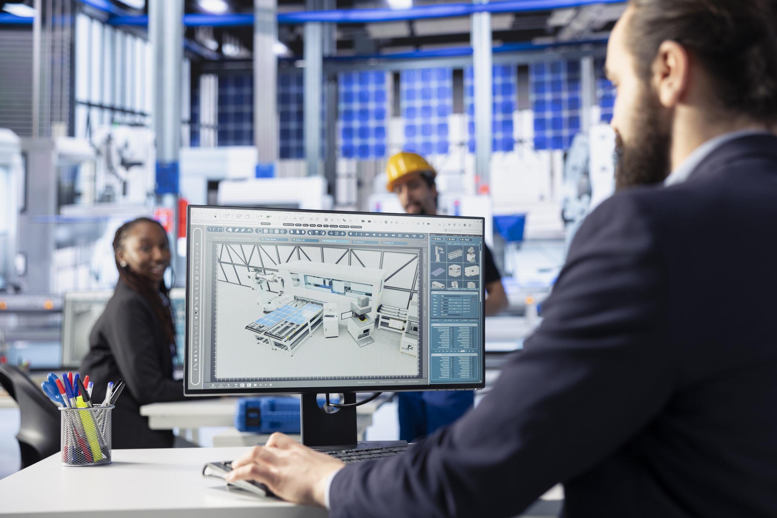Engineer reviewing a 3D factory machine design on a computer in an industrial workspace.