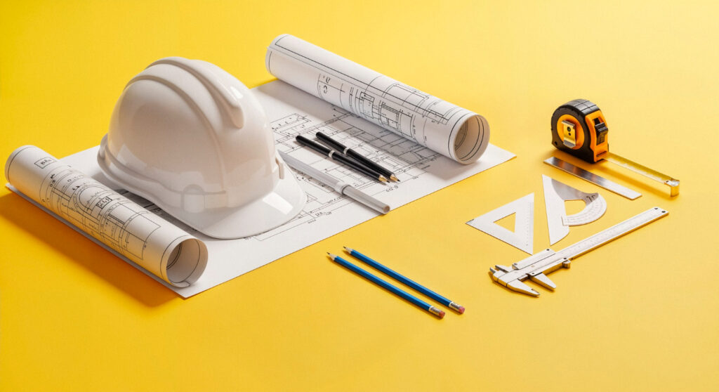 White hard hat on blueprints with drafting tools on a yellow background.