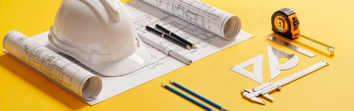 White hard hat on blueprints with drafting tools on a yellow background.